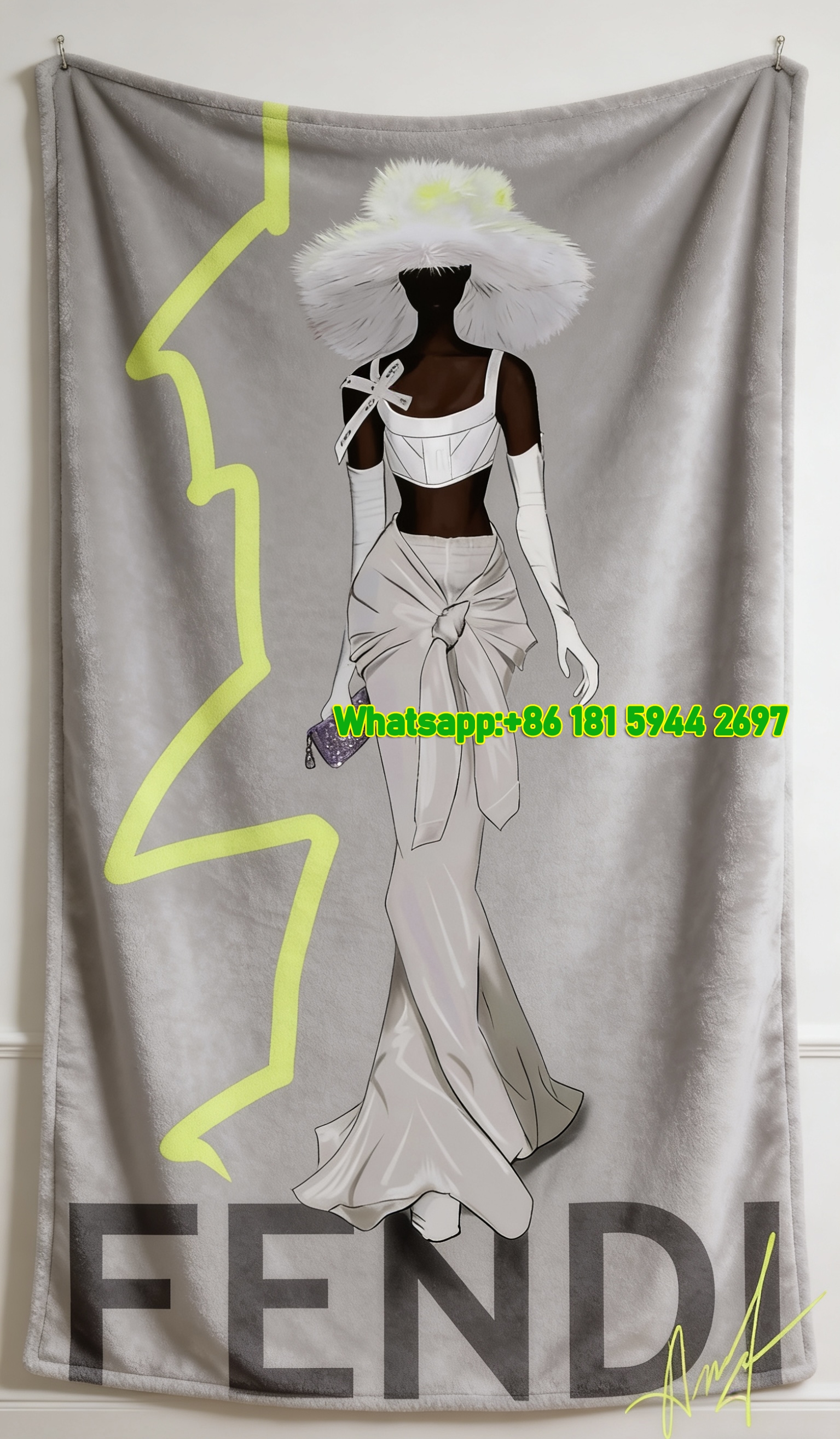 Fendi Neon Yellow F-Letter High Fashion Illustration Flannel Throw Blanket IMG_9604